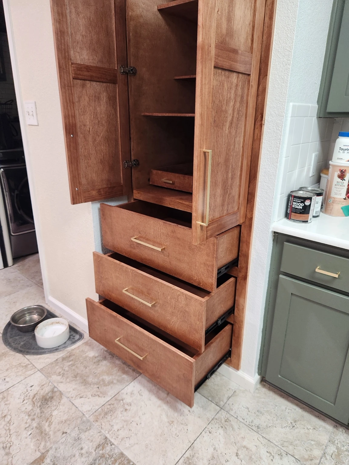 Completed P&D pull-out drawer storage within custom pantry